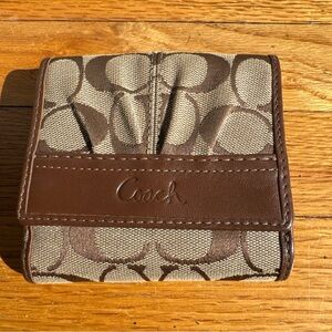 Coach Signature Logo Trifold Wallet Brown Canvas Leather Trim 4.5”x4”x1”